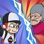 Egy rajzfilmfigura baseballsapkában sprayfestékkel szemben áll egy másik rajzfilmfigurával, egy idősebb nővel, aki fadarabot tart