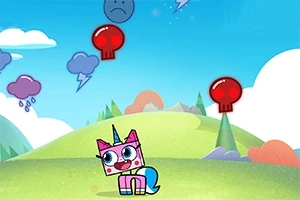 Egy színes, rajzfilmszerű táj közepén egy kocka alakú egyszarvú karakter áll, körülötte piros koponyás és kék szomorú arcú ballonok lebegnek