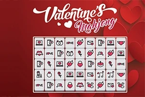 Piros háttér előtt fehér négyzetekben különböző szerelmi motívumokkal díszített kis ikonok láthatók, a kép tetején a Valentines Mahjong felirat szerepel