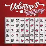Piros háttér előtt fehér négyzetekben különböző szerelmi motívumokkal díszített kis ikonok láthatók, a kép tetején a Valentines Mahjong felirat szerepel