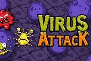 Színes, rajzfilm stílusú vírusfigurák és Virus Attack felirat lila háttéren