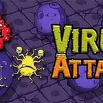 Színes, rajzfilm stílusú vírusfigurák és Virus Attack felirat lila háttéren
