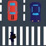 Egy madár átkel a zebrán, miközben három autó közeledik különböző sávokban