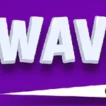 Lila háttér előtt fehér WAVE felirat és egy fekete-fehér, nyíl alakú minta