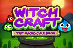 Színes felirat a Witch Craft szöveggel egy varázsfőzet üst felett, piros, zöld és kék karakterekkel, valamint hátul naplemente és hegyek láthatók