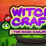 Színes felirat a Witch Craft szöveggel egy varázsfőzet üst felett, piros, zöld és kék karakterekkel, valamint hátul naplemente és hegyek láthatók