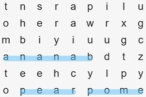 Betűrejtvény, amelyben a banana, pear és pome szavak kék kiemeléssel vannak jelölve