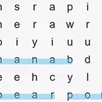 Betűrejtvény, amelyben a banana, pear és pome szavak kék kiemeléssel vannak jelölve