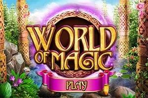A képen egy fantasy világ ihlette varázslatos erdő jelenik meg, középen nagy World of Magic PLAY felirattal