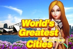 Szőke hajú, kabátos női karakter egy híd és lila virágok előtt, a Worlds Greatest Cities felirattal