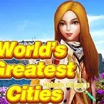 Szőke hajú, kabátos női karakter egy híd és lila virágok előtt, a Worlds Greatest Cities felirattal
