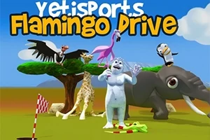 Jeti, strucc, hosszú nyakú zsiráf, elefánt, és más állatok színes, rajzfilmszerű környezetben egy zászlós pálca előtt állnak