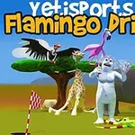 Jeti, strucc, hosszú nyakú zsiráf, elefánt, és más állatok színes, rajzfilmszerű környezetben egy zászlós pálca előtt állnak