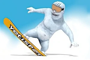 Egy hófehér yeti napszemüveget viselve snowboardozik sárga snowboardon