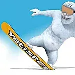 Egy hófehér yeti napszemüveget viselve snowboardozik sárga snowboardon