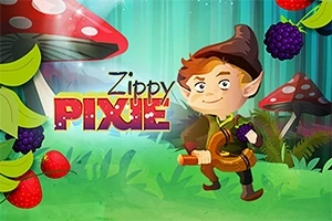 Egy rajzolt, tündérszerű figura erdei környezetben, nagy gombák és bogyók között, Zippy Pixie felirattal