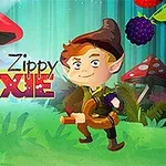 Egy rajzolt, tündérszerű figura erdei környezetben, nagy gombák és bogyók között, Zippy Pixie felirattal