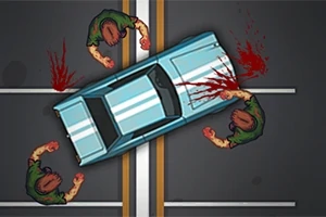 Kék autó egy úton vérfoltokkal és zombi figurákkal körülvéve