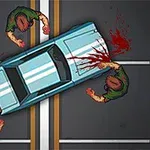 Kék autó egy úton vérfoltokkal és zombi figurákkal körülvéve