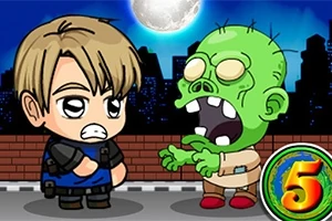 Rajzfilmszerű figura és zombi éjszakai városi háttérrel