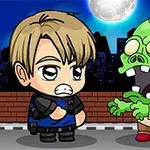 Rajzfilmszerű figura és zombi éjszakai városi háttérrel
