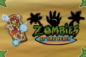 Zombi képe strandruhában jéggömbökkel körülvéve, mellette fekete, zöld és narancs színű Zombies at the Beach felirat és két pálmafa sziluett