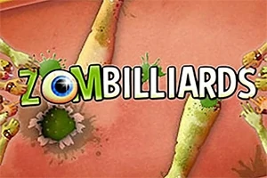 Egy stilizált rajzfilm stílusú kép, amin zöld zombikarok veszik körül a középen található Zombilliards feliratot, amelynek egyik betűjét egy szemgolyó díszíti