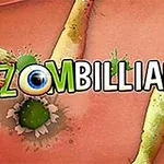 Egy stilizált rajzfilm stílusú kép, amin zöld zombikarok veszik körül a középen található Zombilliards feliratot, amelynek egyik betűjét egy szemgolyó díszíti