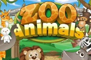 Rajzolt állatok, köztük egy zsiráf, oroszlán, zebra, majom és nyúl, egy Zoo Animals felirat körül