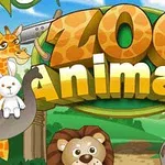 Rajzolt állatok, köztük egy zsiráf, oroszlán, zebra, majom és nyúl, egy Zoo Animals felirat körül