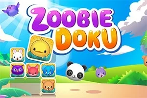 Színes állatfigurák és felhők rajzfilm stílusú környezetben Zoobie Doku felirattal